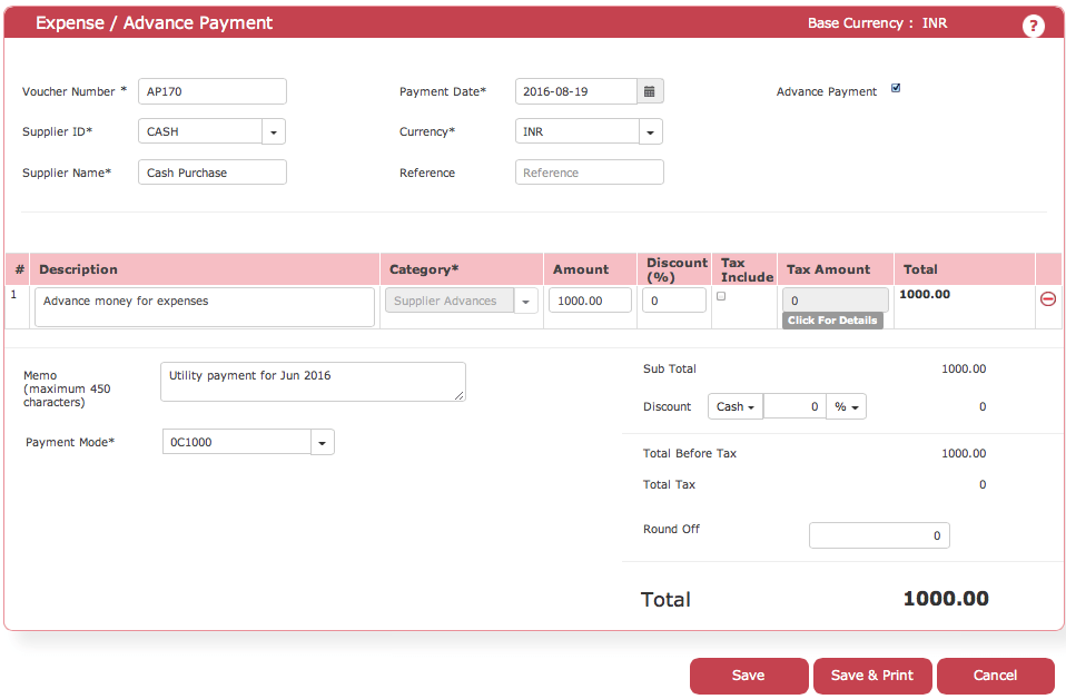 Vendor Advance Payment