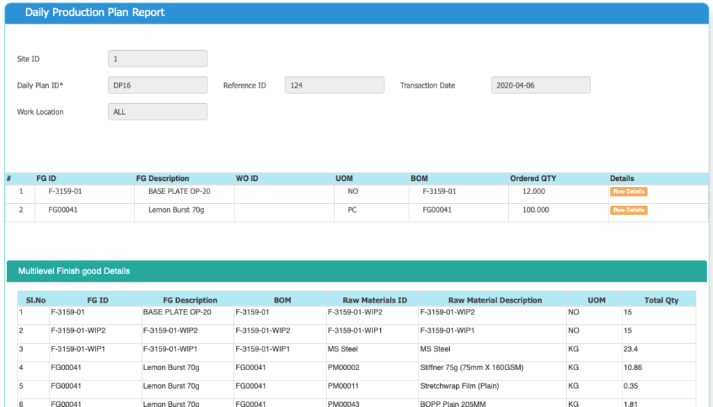 Daily Production Plan