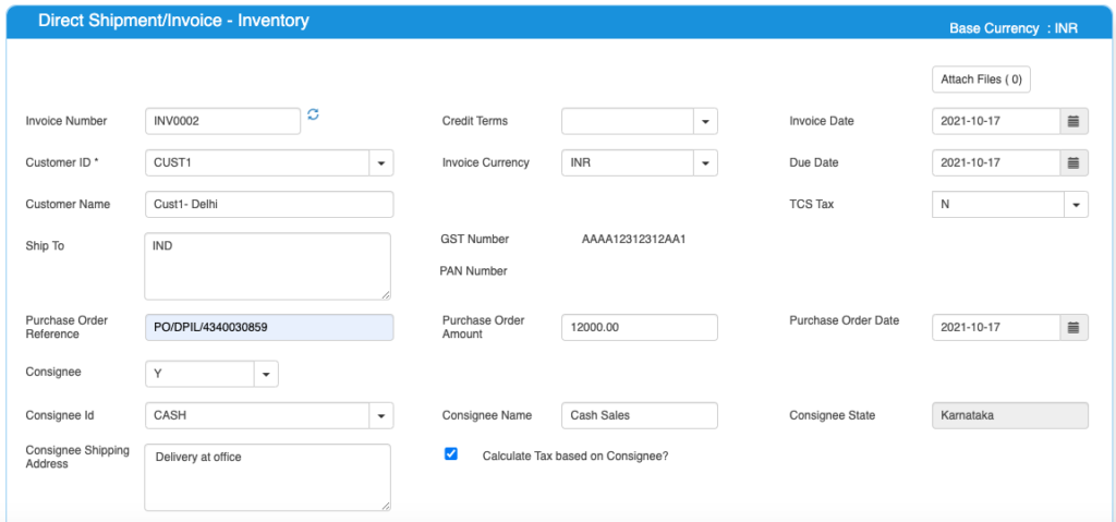 Direct Invoice Inventory home page