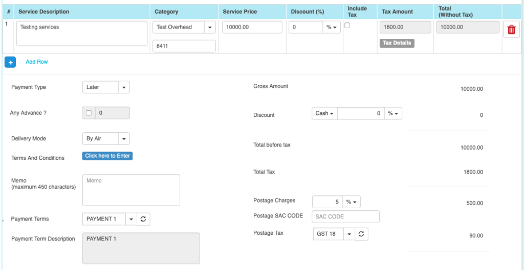 Purchase Order Services Line Details