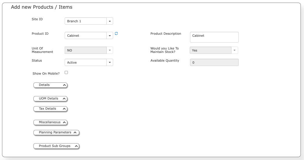 Purchase Master Creating Create Product Master for ACTouch ERP
