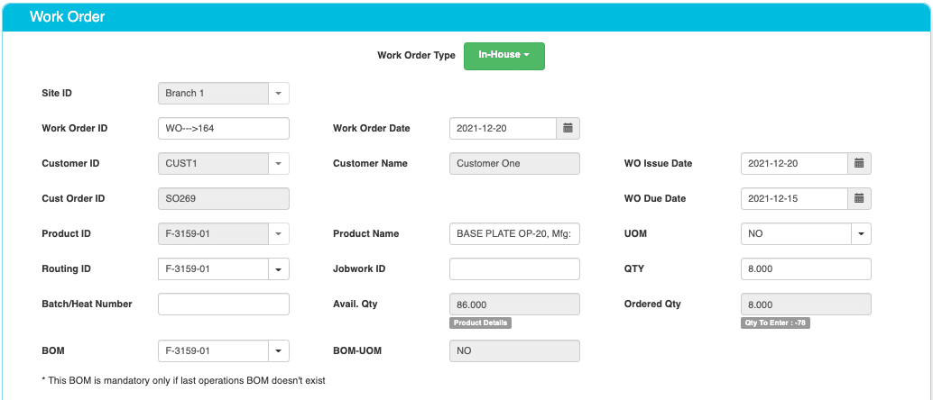 Work Order Creation