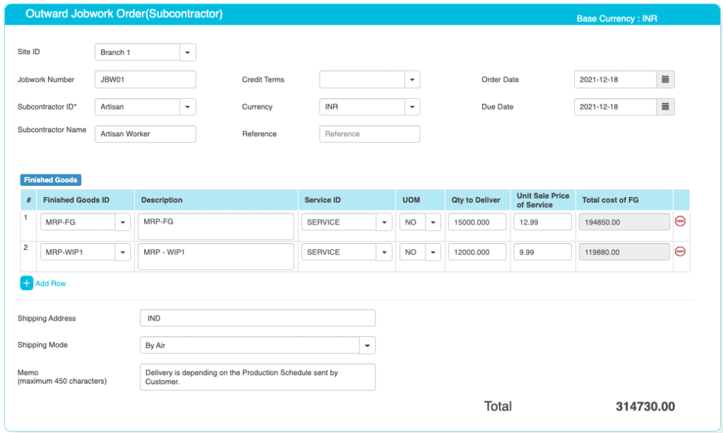 Subcontracting Job Work Order