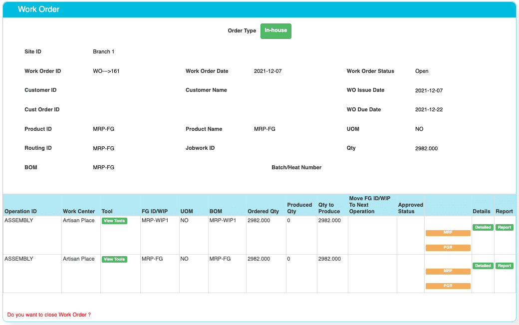 Create Work Order
